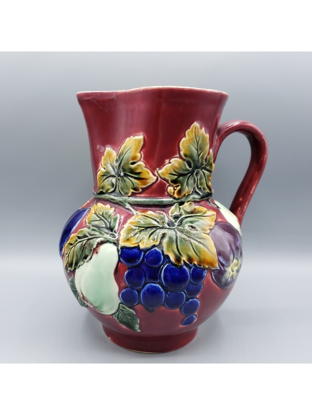 Vintage Ditmar Urbach Majolica Pitcher Grape Fruit Vines Czech Czechoslovakia